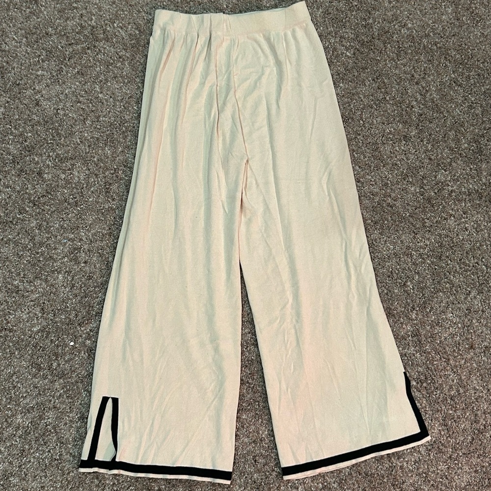 Cream Knit Wide-Leg Pants with Black Trim